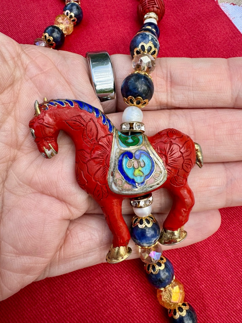 Artisan Cinnabar & Cloisonné Horse with Sodalite & Crackle Glass Beaded Set 🧁 - Picture 9 of 11